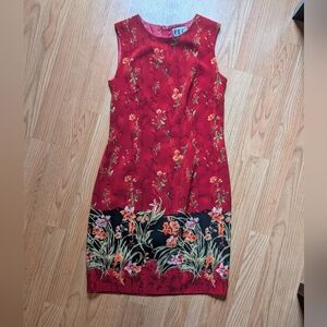 Sleeveless Red Floral Midi Dress with Black Contrasting Hem - Women